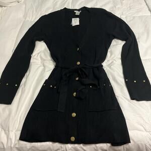 Cache Sweater Dress With Gold Buttons And Tie In Black NWT MSRP $118